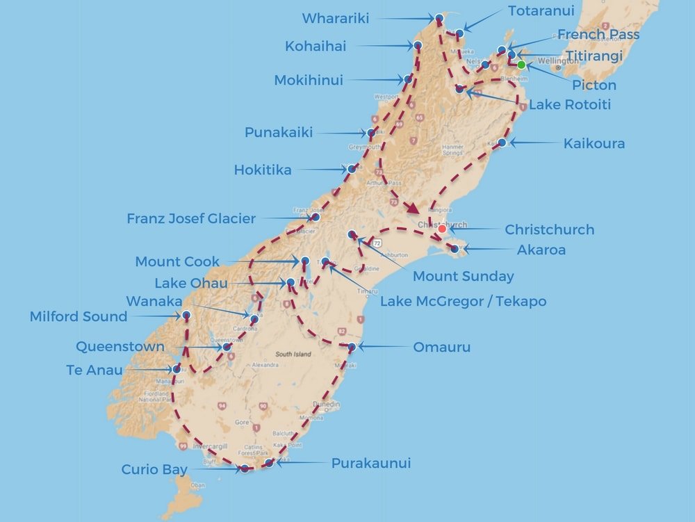 NZ South Island road trip route