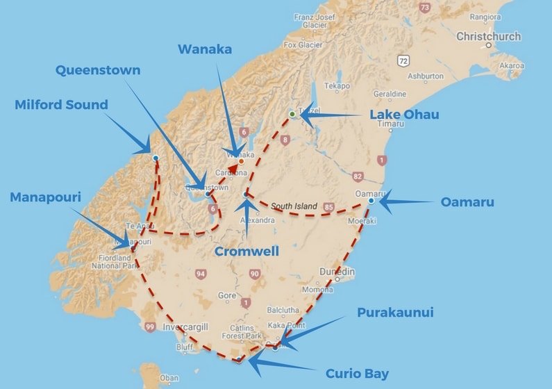 NZ South Island Otago Fiordland route