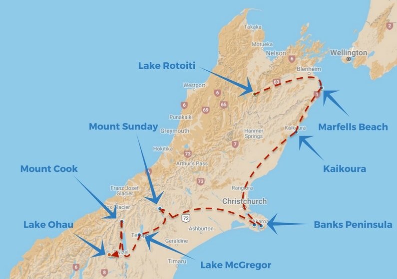 NZ South Island east coast and Mount Cook route
