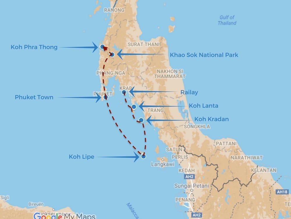 Southern Thailand route map