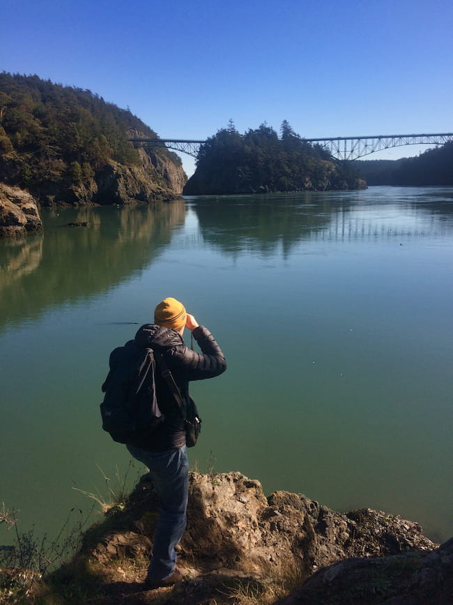 Ian photographing Deception Pass Bridge Washington State
