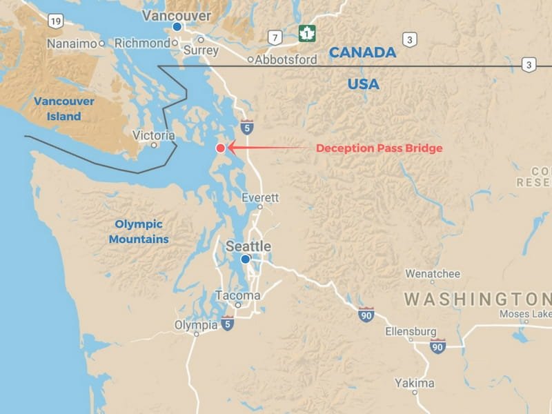 Map of north west Washington showing location of Deception Pass