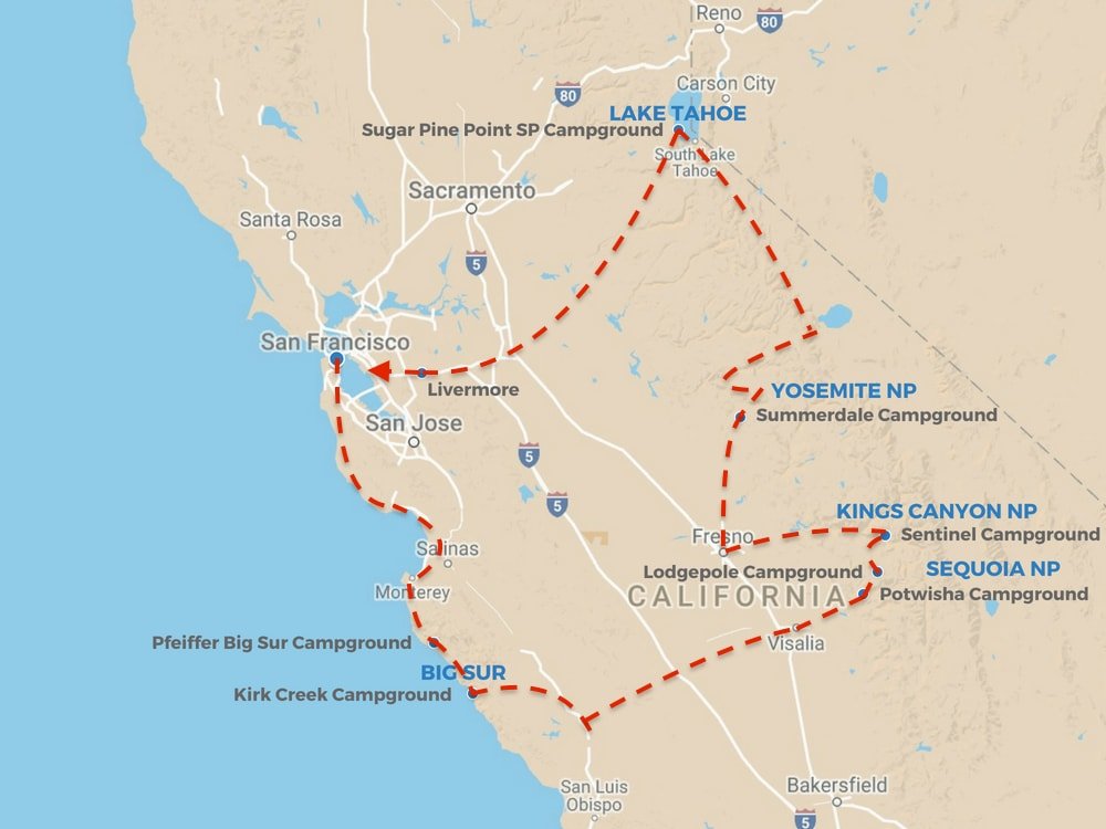 California Road Trip route
