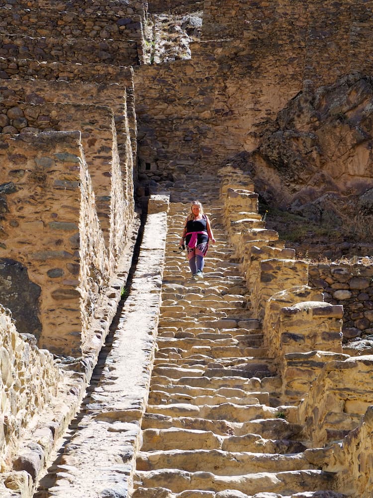 Nicky descending the steps at Ollantaytambo