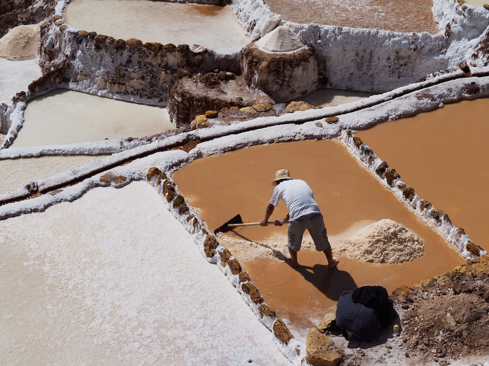 Gathering salt in one of the pools