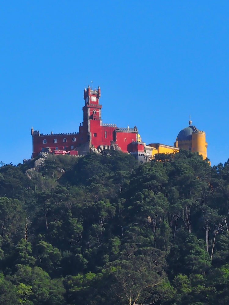 Forest-covered cliff with a red/yellow painted building on top