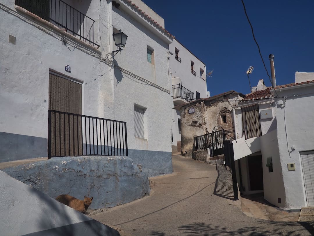 A street winds up through a village of whitewashed buildings