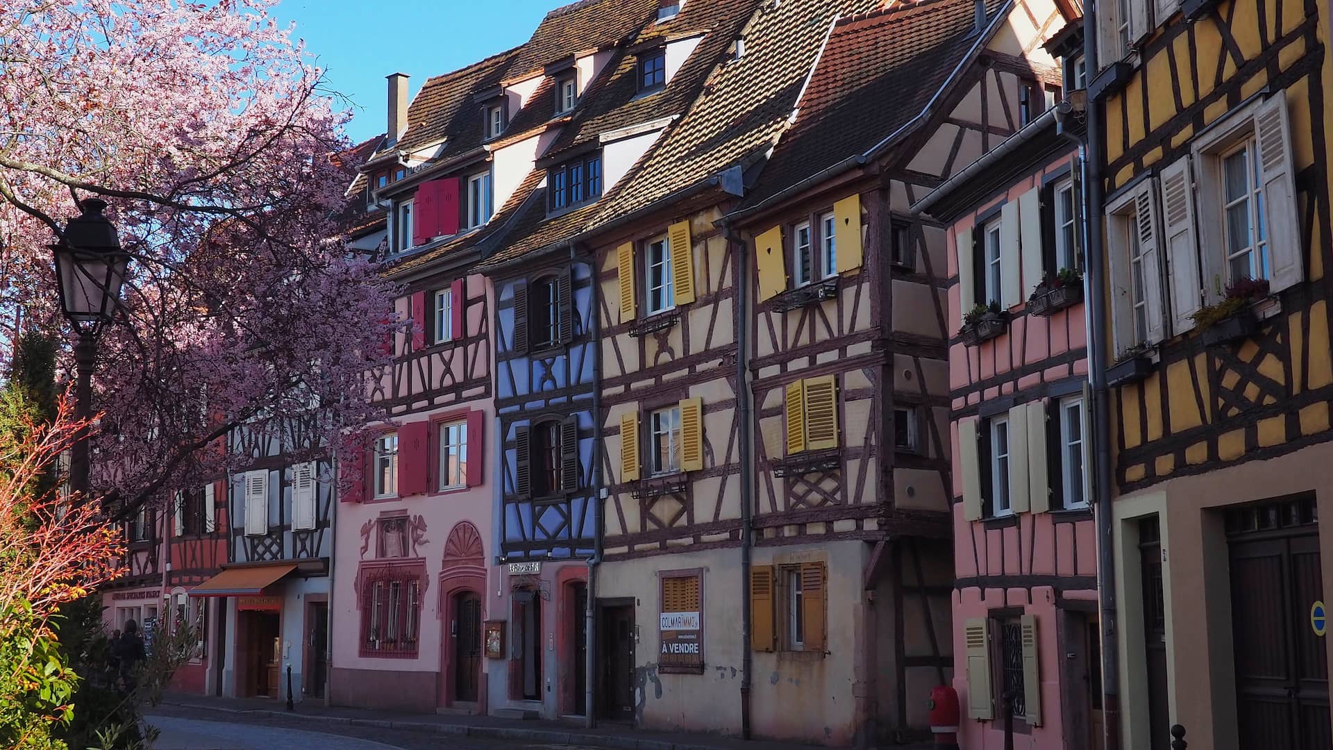 A multicoloured and half-timbered row of houses