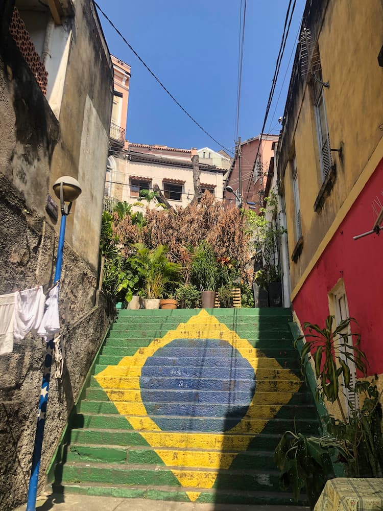 A street with the Brazilian flag painted on steps
