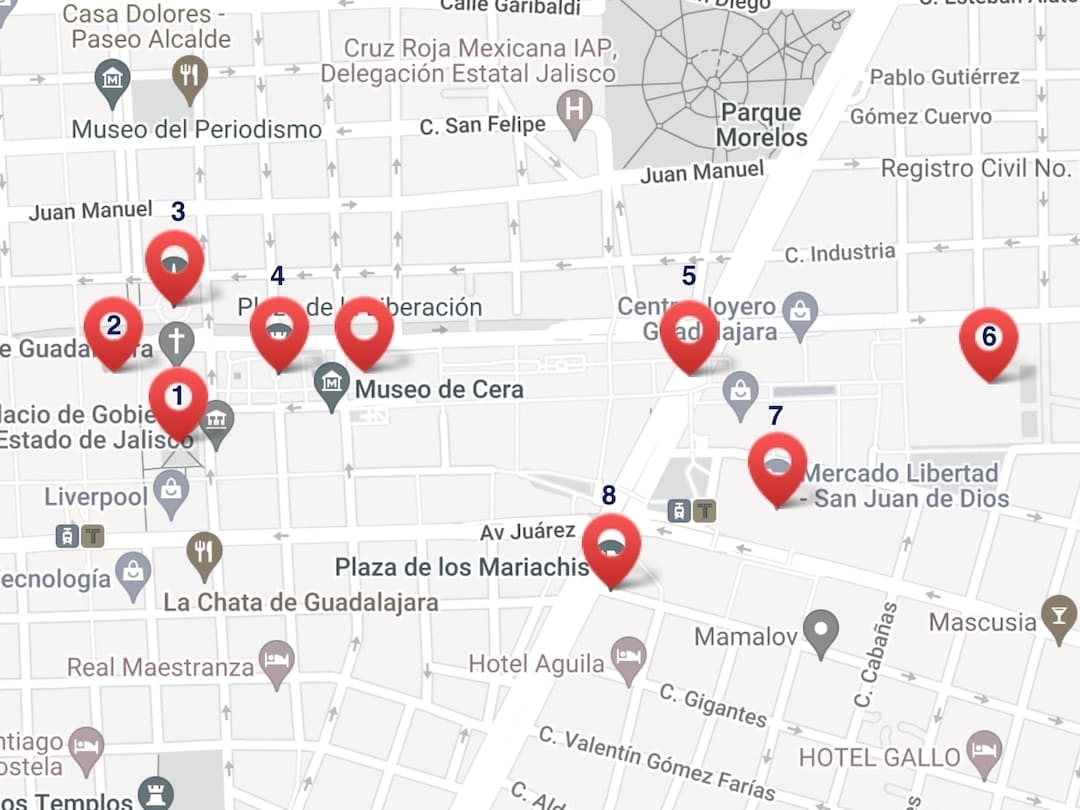 Map of our walking tour of Guadalajara's historic centre