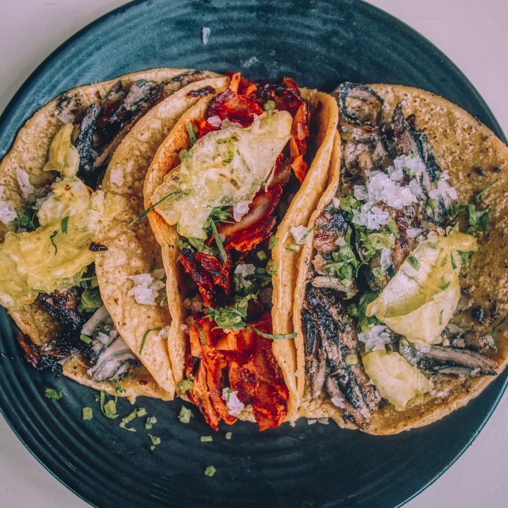 Three tacos al pastor using blue corn tortillas