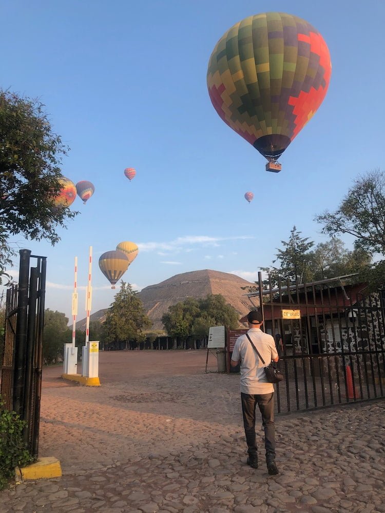 Gate 5 entrance to Teotihuacan - including the early morning hot air balloons