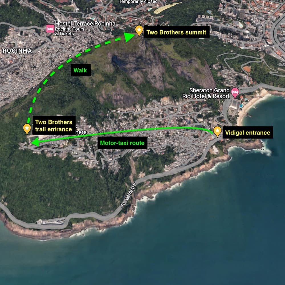 Map showing the location of Vidigal entrance and the route to the Two Brothers trail entrance