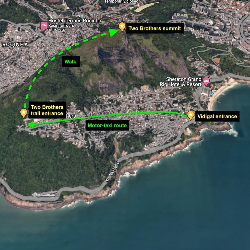 Location of Vidigal and Two Brothers trail entrances - Rio Map showing the location of Vidigal entrance and the route to the Two Brothers trail entrance