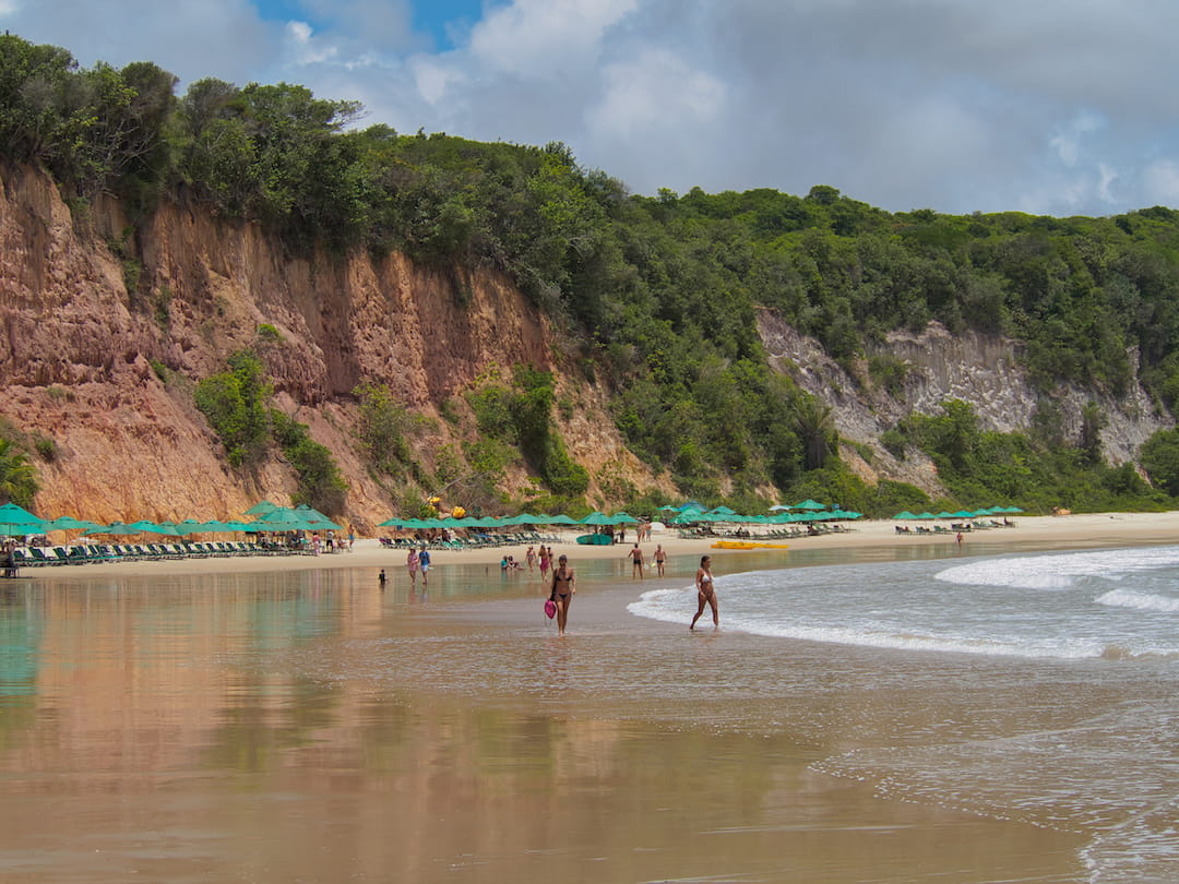 Cliffs and sun loungers at Praia dos Golphinos