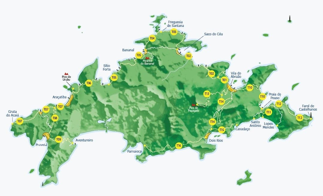 Map of marked trails on Ilha Grande