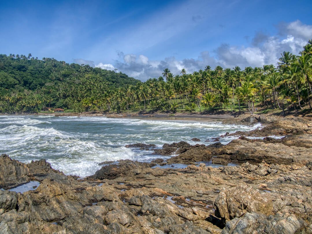 Jeribucacu Beach Bahia - Rocks in the foreground, blue sea, beach and coconut trees behind